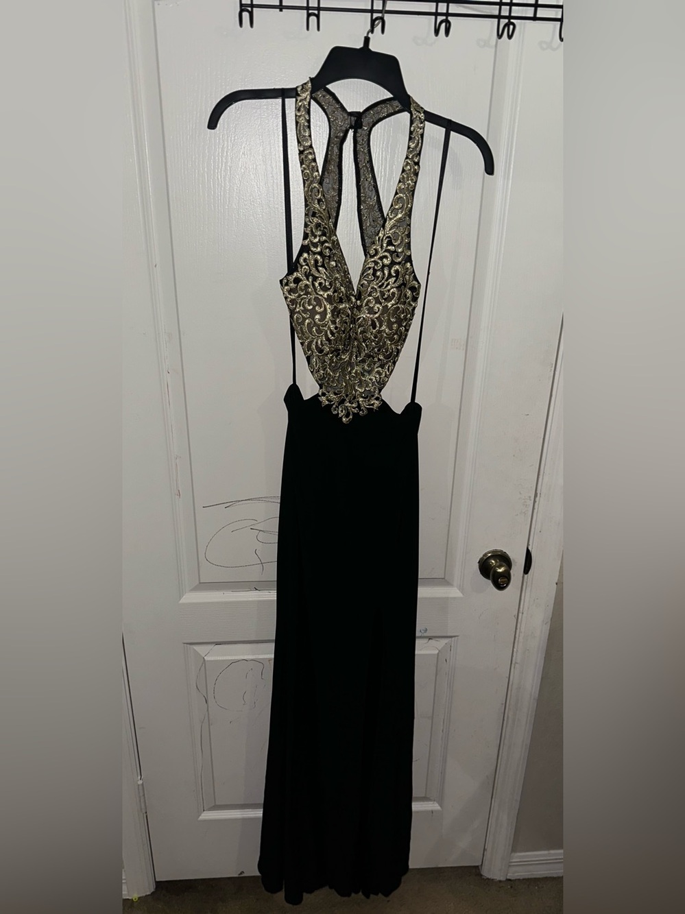 Cachet Black Gown with Gold Embroidered Bodice